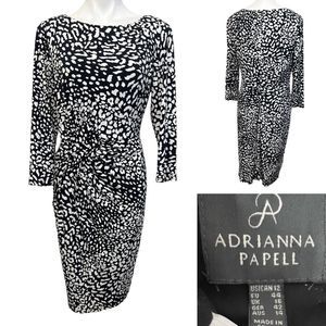 Adrianna Papell dress size 12 black white Animal Print Drape Sheath knee length